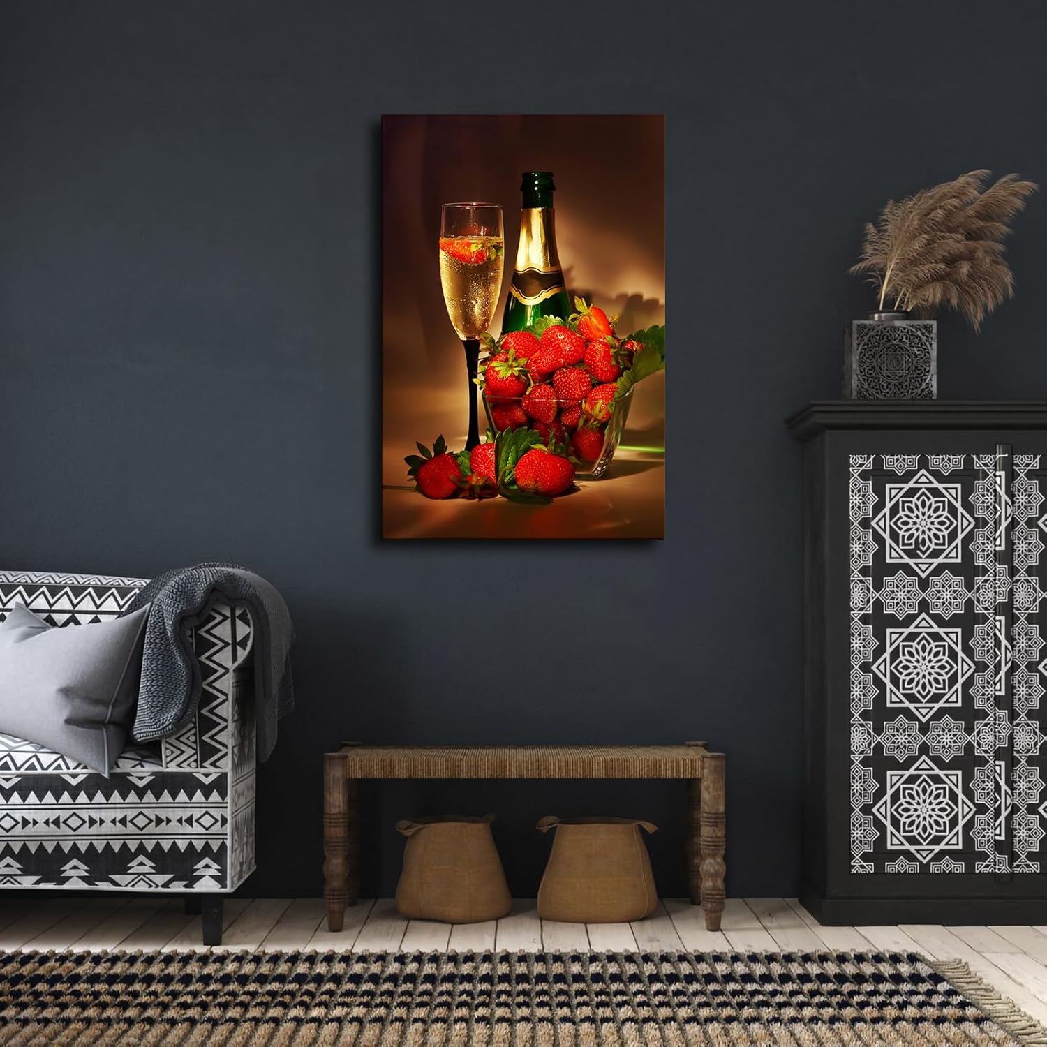 Póster de copa de vino de champán de fresa, lienzo impreso, pintura, arte de pared, hogar, pasillo, dormitorio, sala de estar (24 x 36 pulgadas, sin