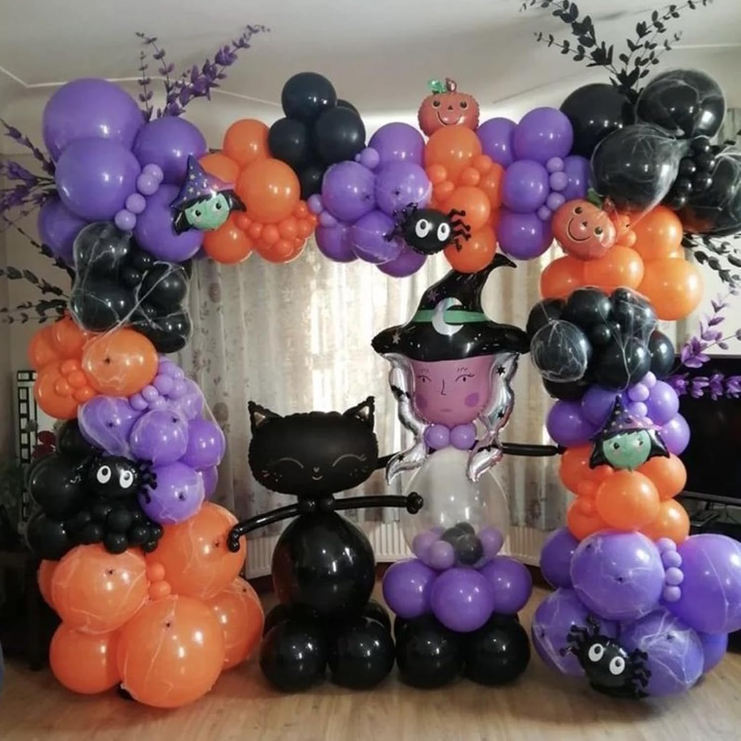 Kit de arco de globos de color negro, morado, naranja, naranja, morado, negro, guirnalda de globos de látex de confeti, globos de helio naranja,