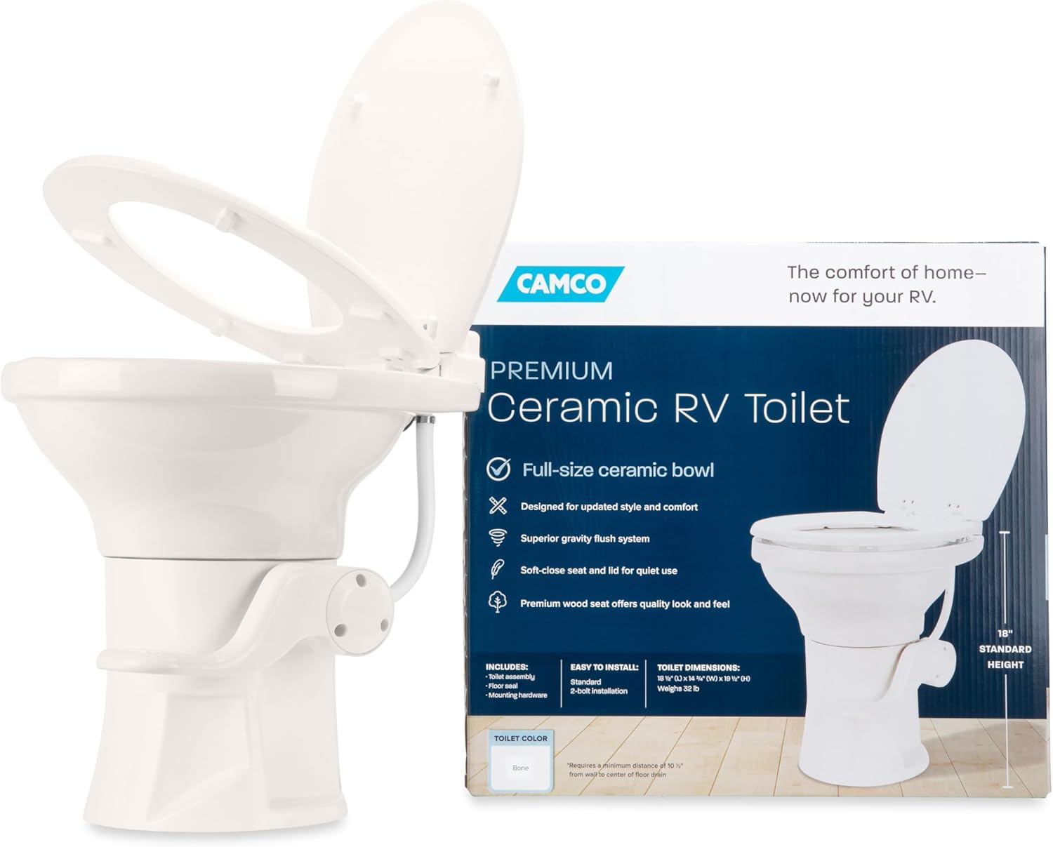 Camco Inodoro de cerámica prémium para cámper o caravana, cuenta con sistema de descarga por gravedad con práctico pedal de pie, diseño ergonómico