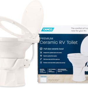 Camco Inodoro de cerámica prémium para cámper o caravana, cuenta con sistema de descarga por gravedad con práctico pedal de pie, diseño ergonómico Camco Inodoro de cerámica prémium para cámper o caravana, cuenta con sistema de descarga por gravedad con práctico pedal de pie, diseño ergonómico