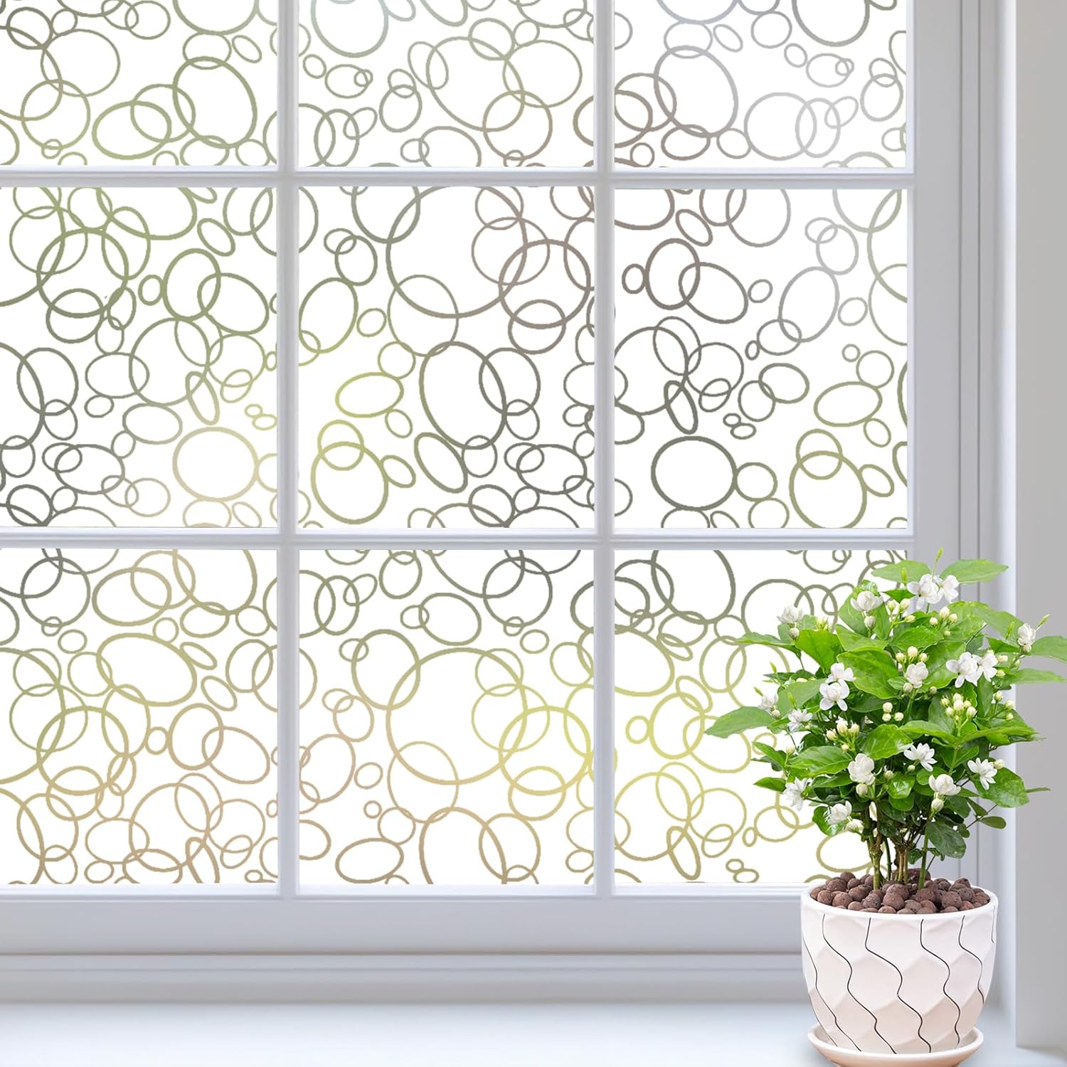Ohmywor Película decorativa de privacidad para ventana, patrones circulares impresos con control de calor, bloqueo solar, anti UV, película