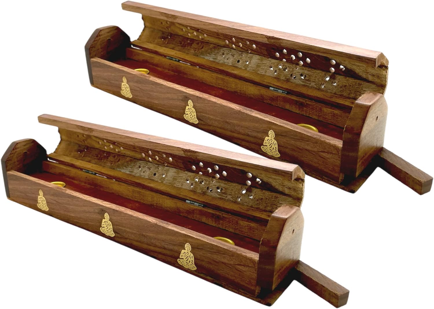 Paquete de 2 quemadores de incienso de madera tipo ataúd – Incrustaciones de latón de 12 pulgadas – Compartimento de almacenamiento (Buddha)