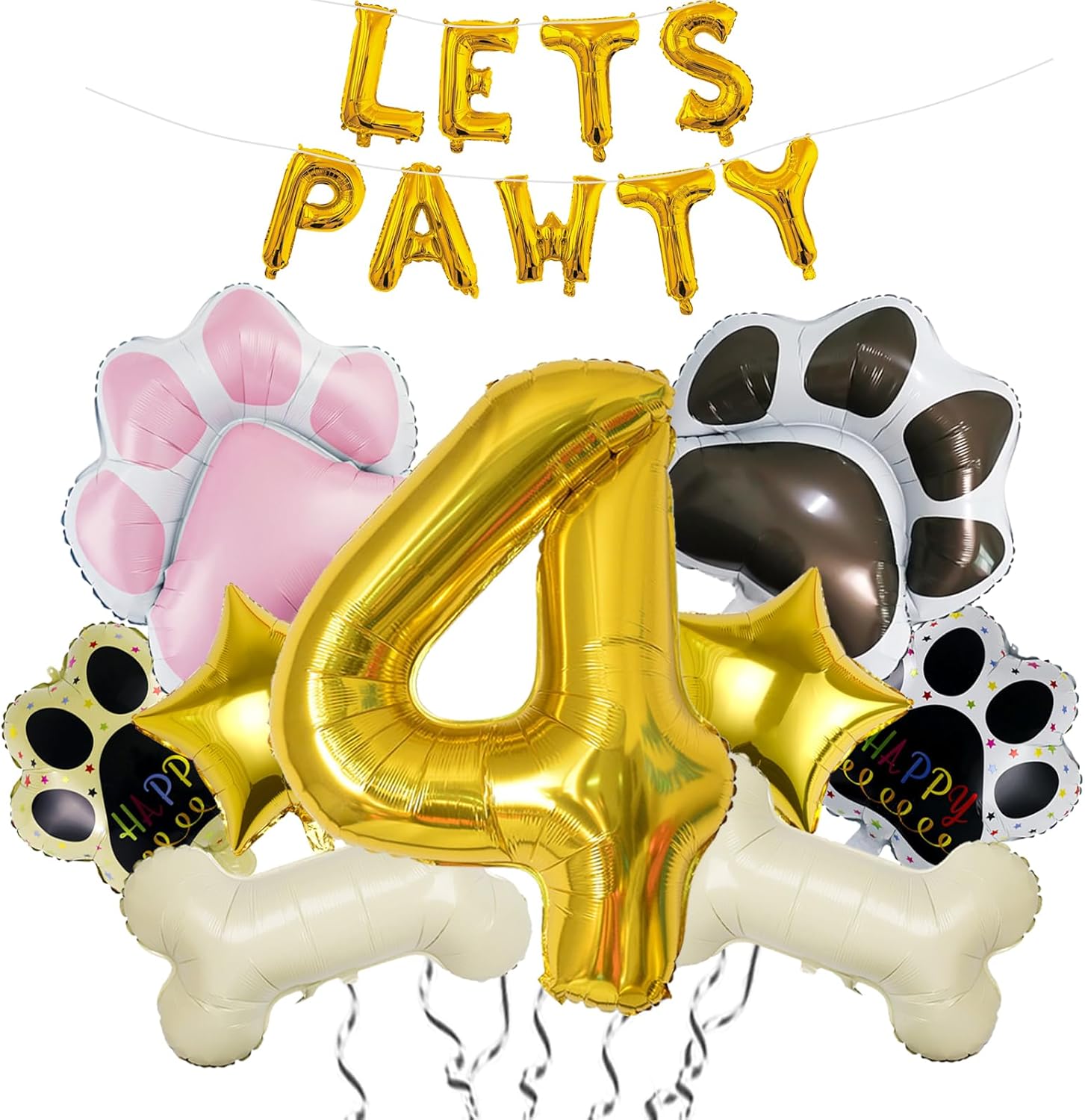 Globos de 4 perro 18 piezas Lets Pawty Balloons Decoración de cumpleaños de pata de perro, globos dorados de 40 pulgadas, 4 globos de aluminio de
