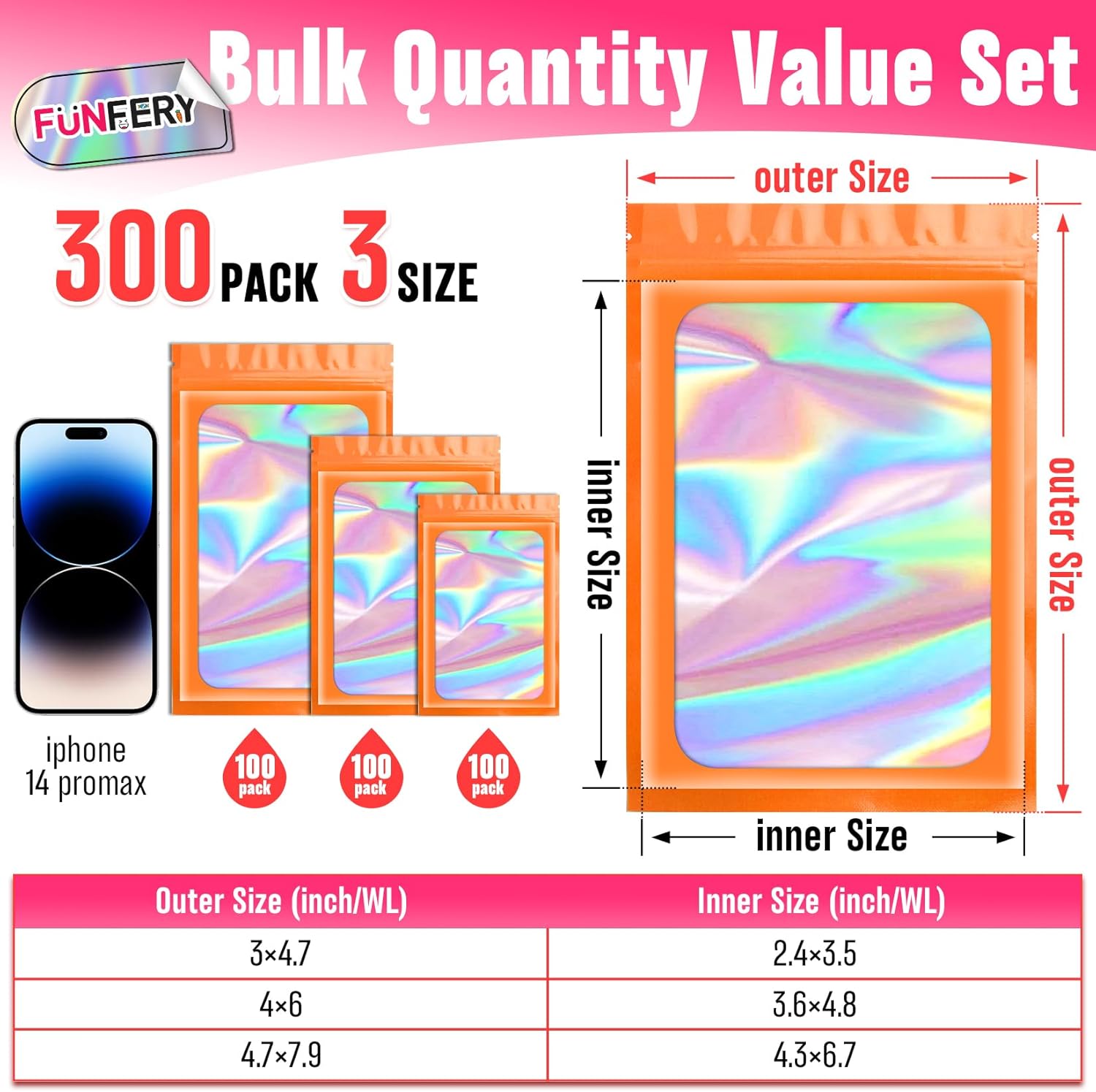 Funfery Paquete de 300 bolsas holográficas de Mylar de 3 tamaños con ventana transparente, bolsas resellables, bolsas a prueba de olores, bolsas de