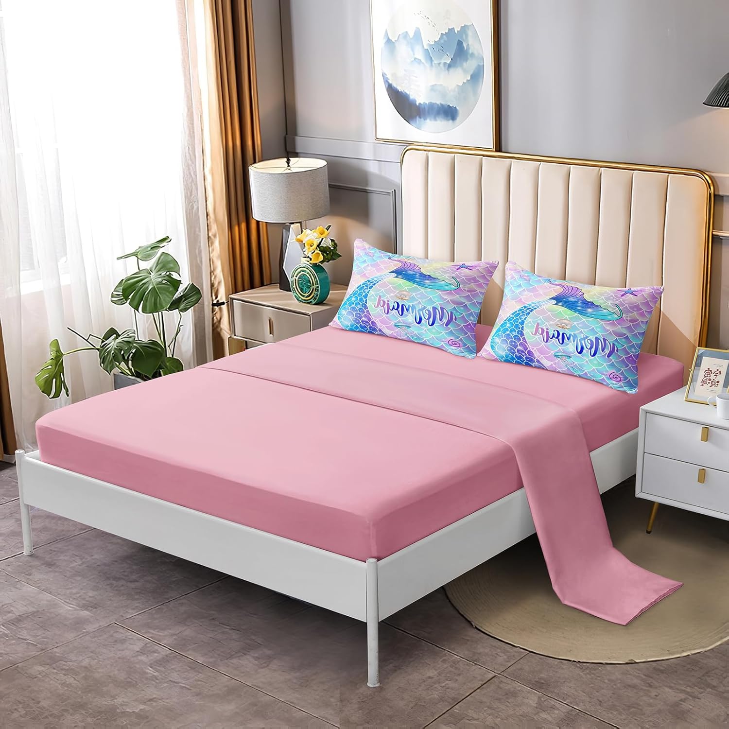 Juego de cama de 5 piezas en una bolsa para niñas, juego de edredón de sirena tamaño individual, juego de ropa de cama arcoíris colorido femenino,