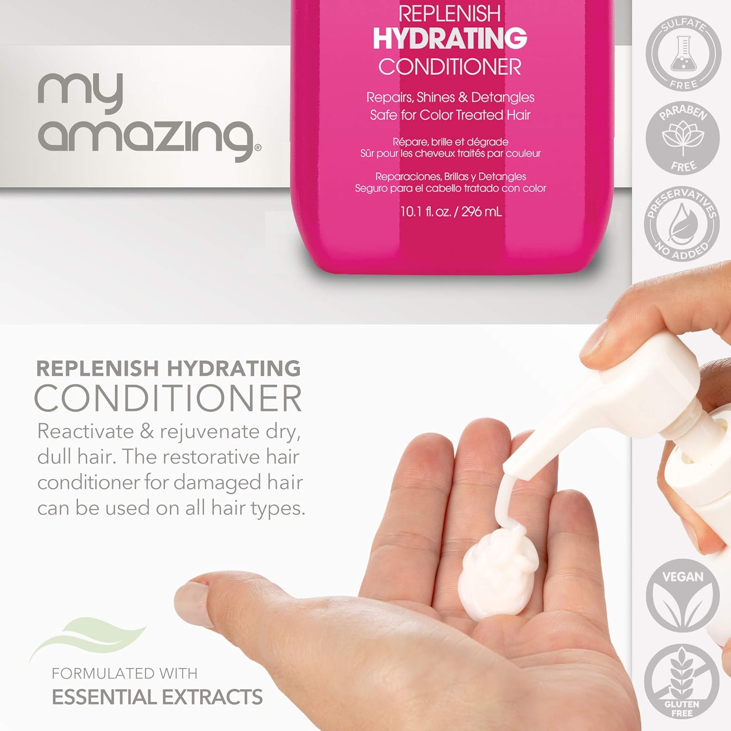 My Amazing Acondicionador hidratante Replenish, 10.1 oz. Acondicionadores hidratantes para cabello teñido y dañado, tratamiento restaurador de