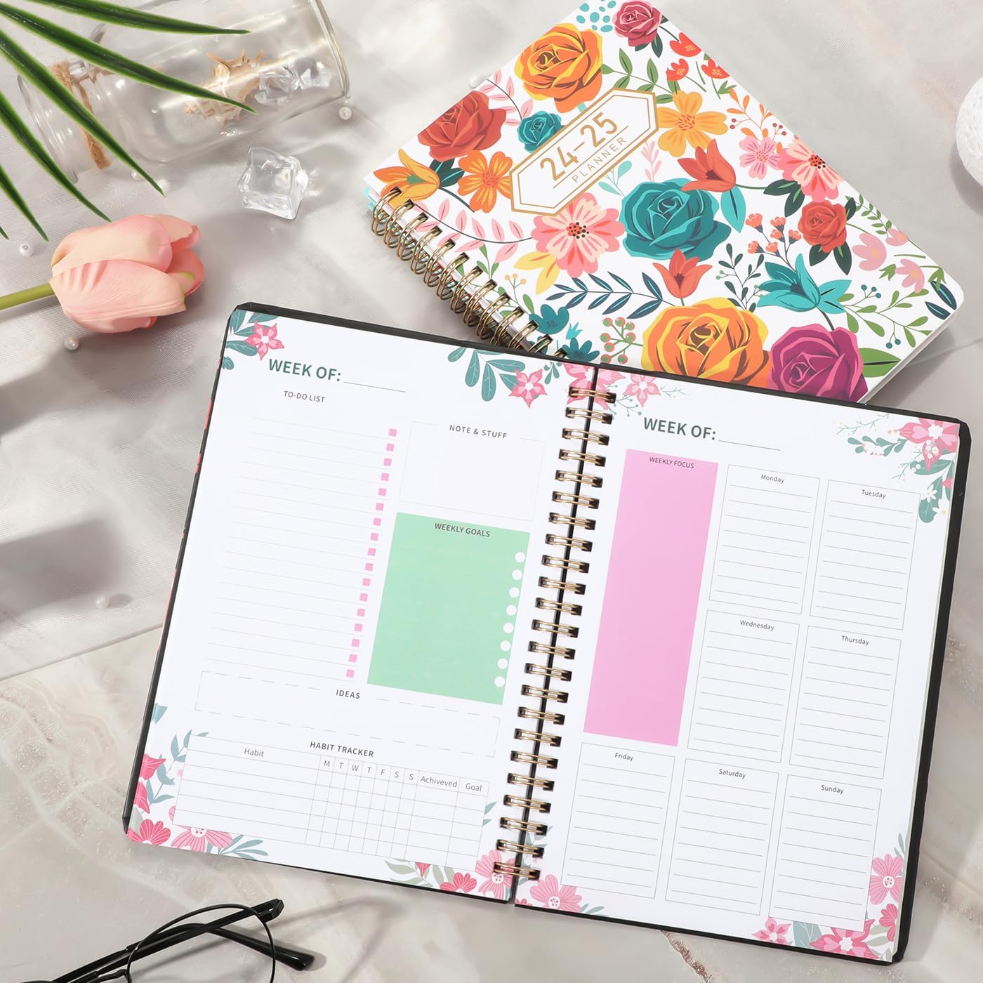 Agenda semanal de objetivos, agenda diaria con rastreador de hábitos, 8.5 x 6.2 pulgadas, encuadernado en espiral, adecuado para la escuela,