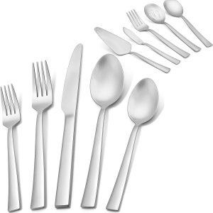 Herogo Juego de cubiertos de 45 piezas color negro mate con utensilios para servir, cubiertos cuadrados de acero inoxidable para 8, juego único de Herogo Juego de cubiertos de 45 piezas color negro mate con utensilios para servir, cubiertos cuadrados de acero inoxidable para 8, juego único de