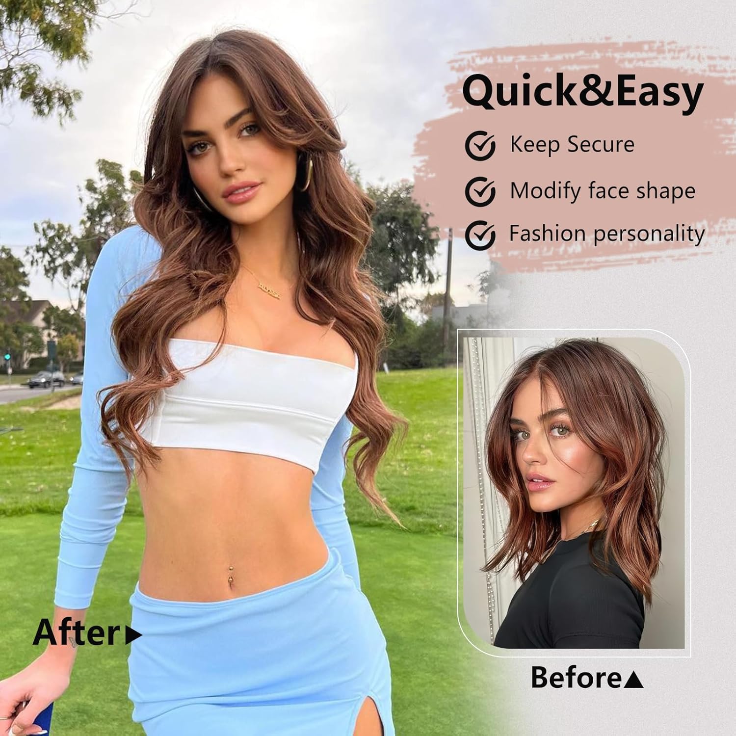 ALXNAN Extensiones de cabello, 4 extensiones de cabello con clip, 20 pulgadas, castaño medio, largo, ondulado, natural, suave, sintético, para mujer