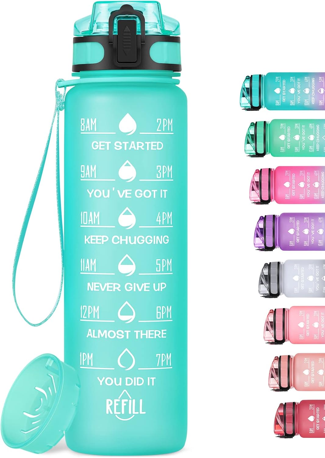 Botella de agua motivacional de 32onzas con marcador de tiempo y colador de frutas, a prueba de fugas, sin bisfenol A, no tóxica, con correa, para