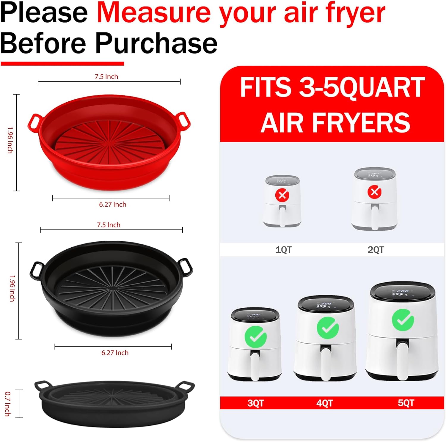 Forros de silicona para freidora de aire reutilizables, forros de silicona plegables de 2 piezas de 7.5 pulgadas, 3QT-5QT, cesta para freidora de