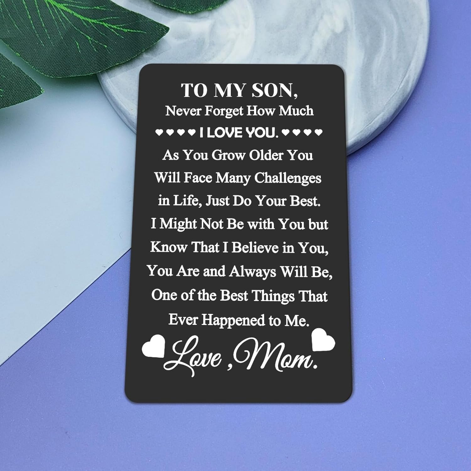 Regalos inspiradores de mamá papá con texto en inglés “To My Son” (“To My Son”), tarjeta grabada con cita inspiradora, tarjeta de metal con texto en