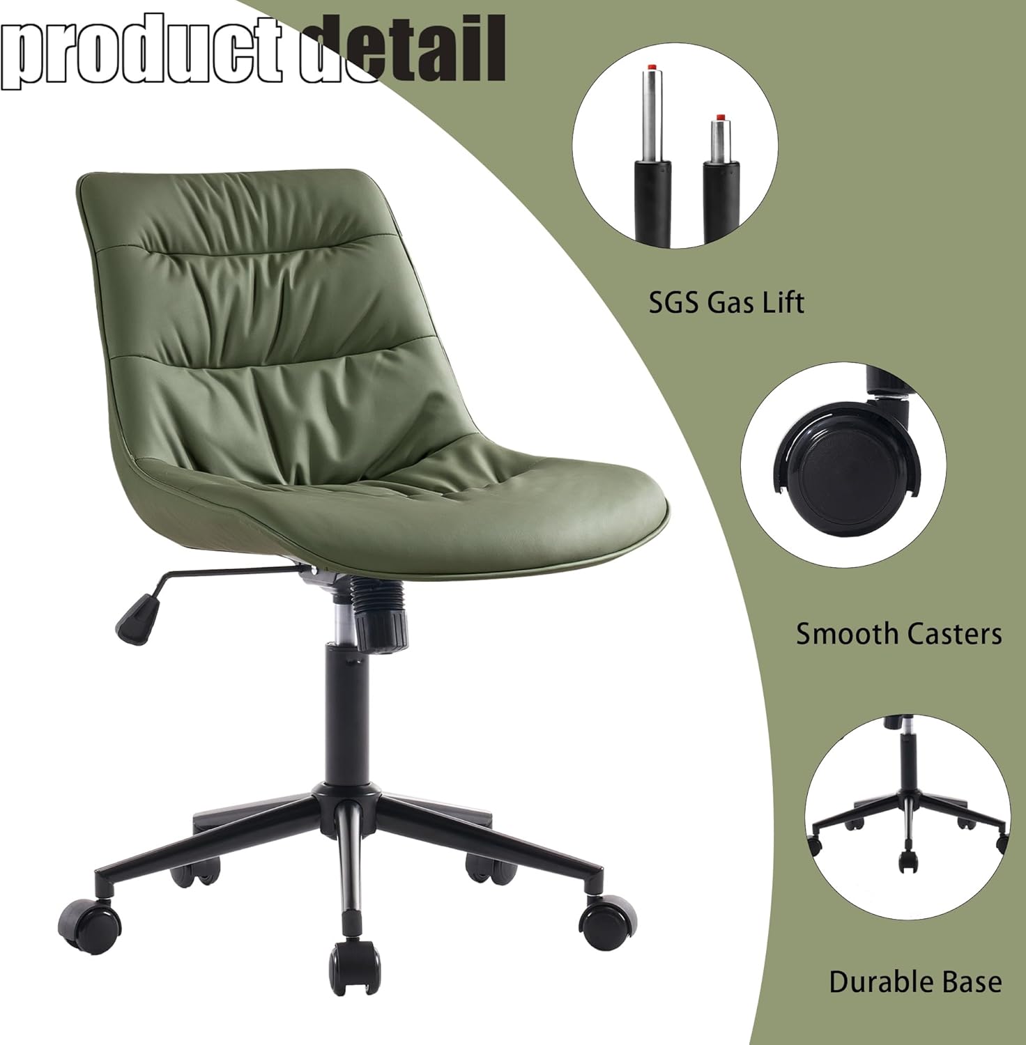 Kidol & Shellder Silla ergonómica de oficina con ruedas giratoria sin brazos, silla de escritorio de piel sintética, silla reclinable con respaldo