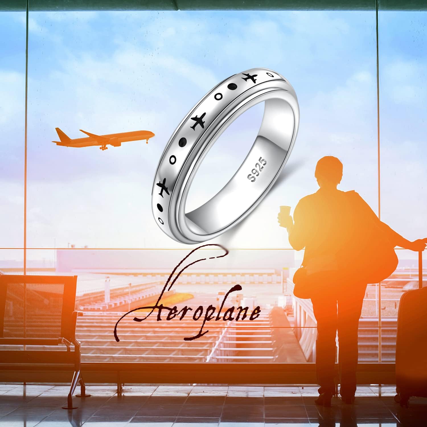 Anillo giratorio de avión para mujeres, hombres, niños y niñas, de plata de ley 925, anillos antiestrés para ansiedad, alivio del estrés, TDAH,