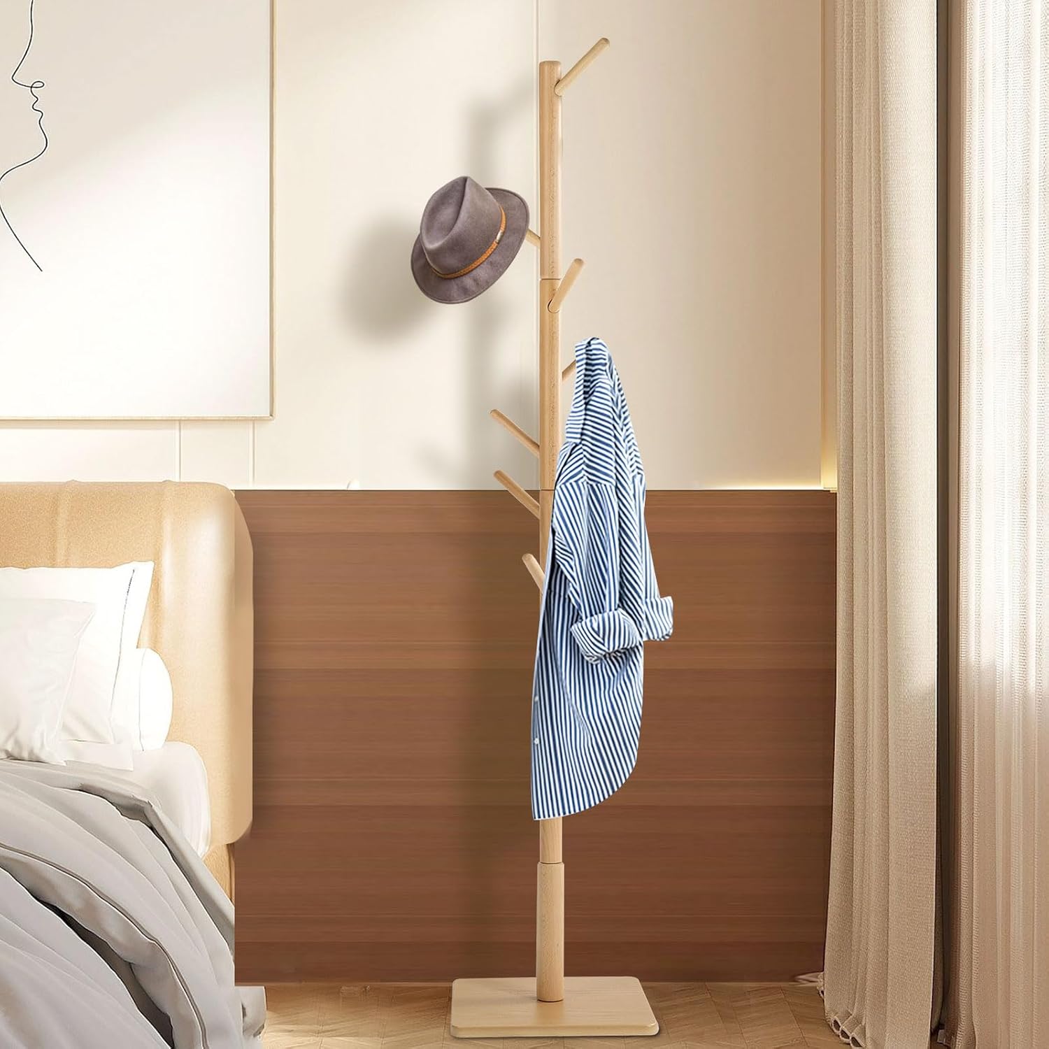 Yawinhe Perchero de pie, perchero de madera con 3 opciones de altura y 8 ganchos, base cuadrada resistente, perchero para pasillos, salas de estar,