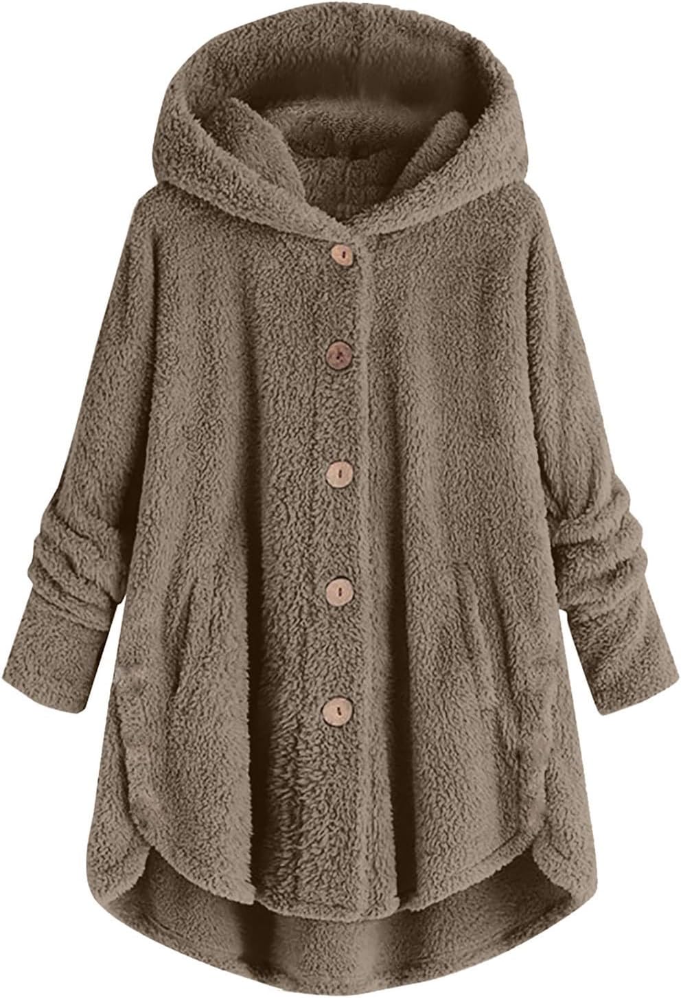 SNKSDGM Women’s Fashion Fuzzy Fleece Jacket Fluffy Hooded Baggy Faux Sherpa Open Front Teddy Coat Outerwear with Pocket