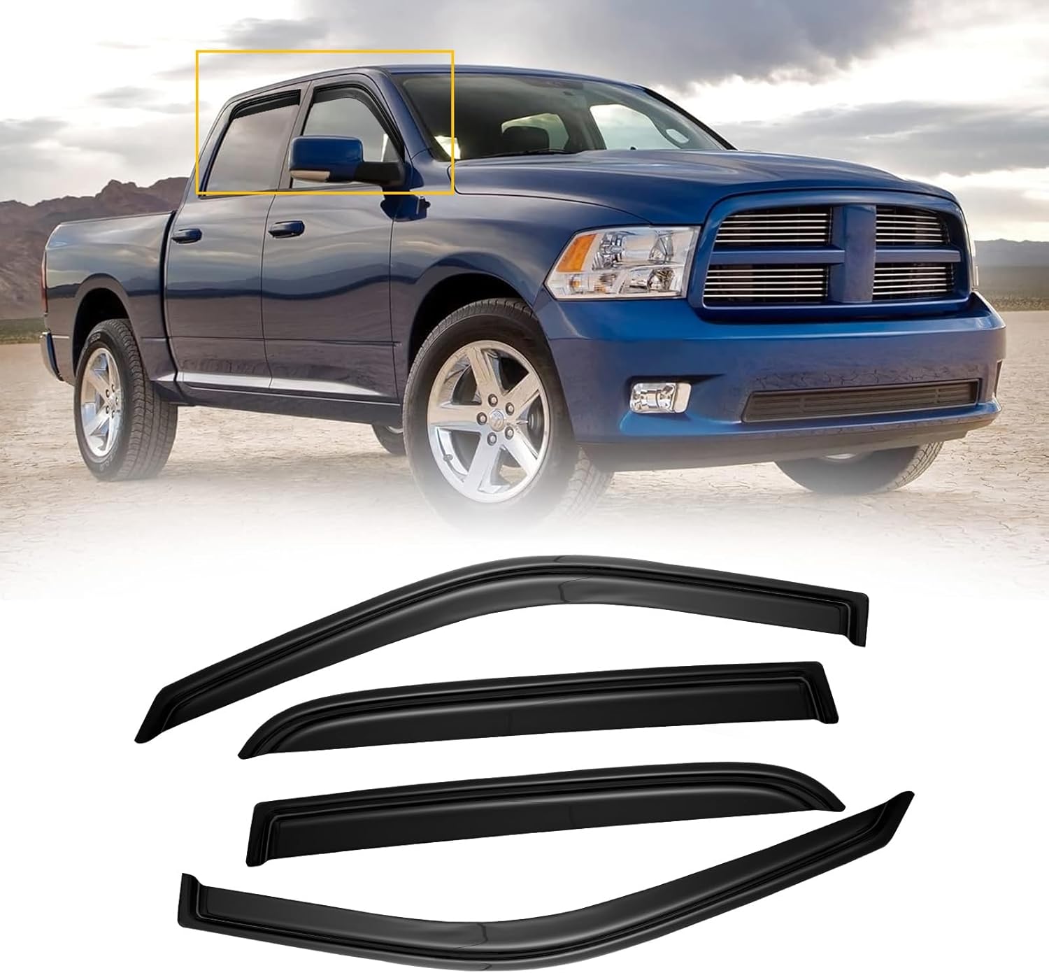 Viseras de ventana para Dodge Ram 1500 Crew Cab 2009-2018, protectores de lluvia, protector de ventilación, deflector de sombra humo oscuro
