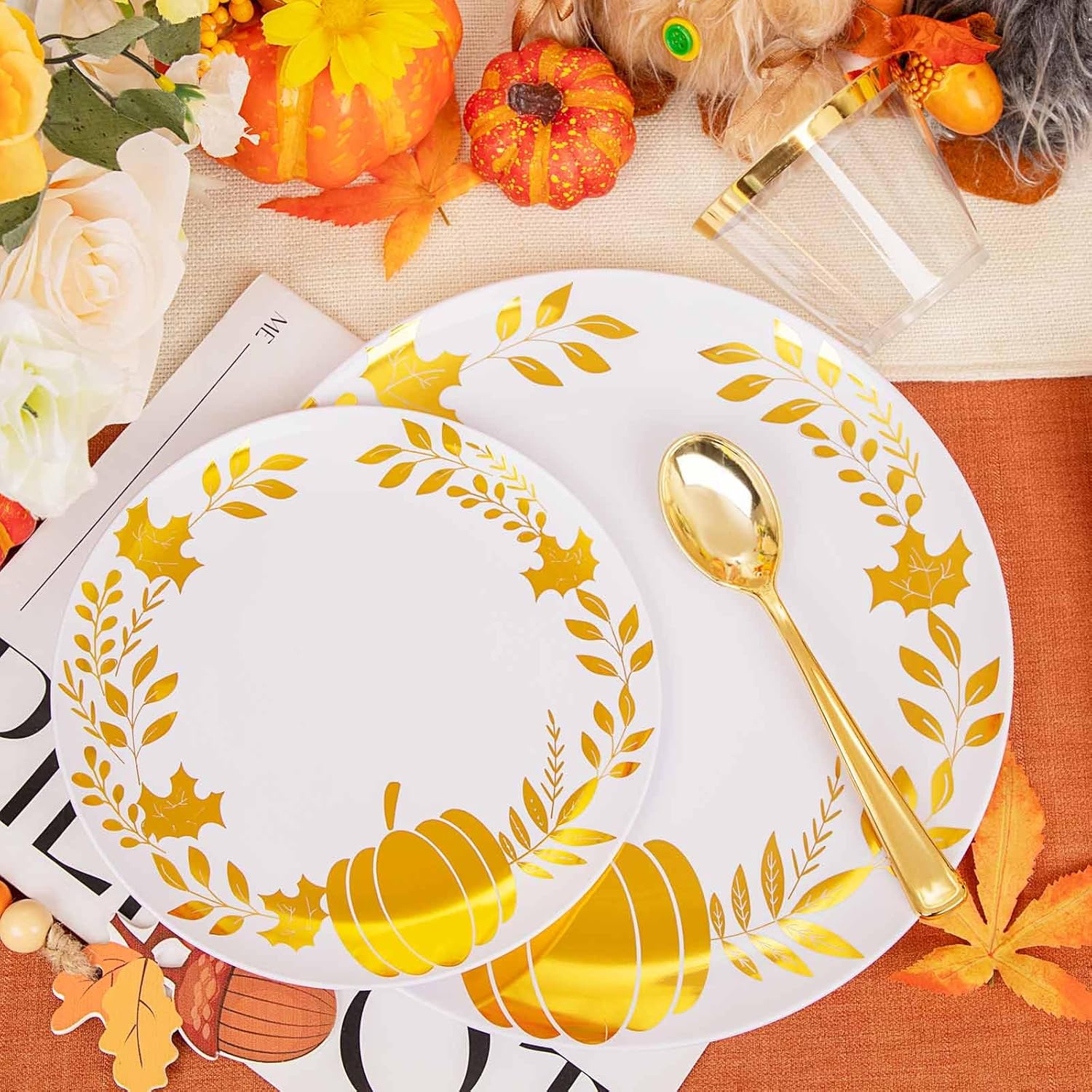 Ciaell 175 platos de plástico de Acción de Gracias  Platos de plástico desechables para otoño  Los platos de plástico blanco y dorado incluyen 50
