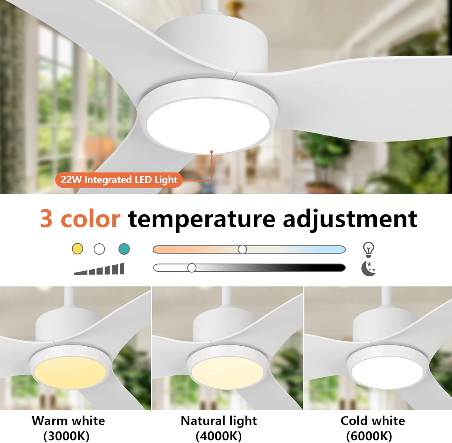 Ventilador de techo blanco con control remoto de luz de 52 pulgadas, 6 velocidades, motor silencioso reversible, 3CCT, regulable, LED, temporizador,