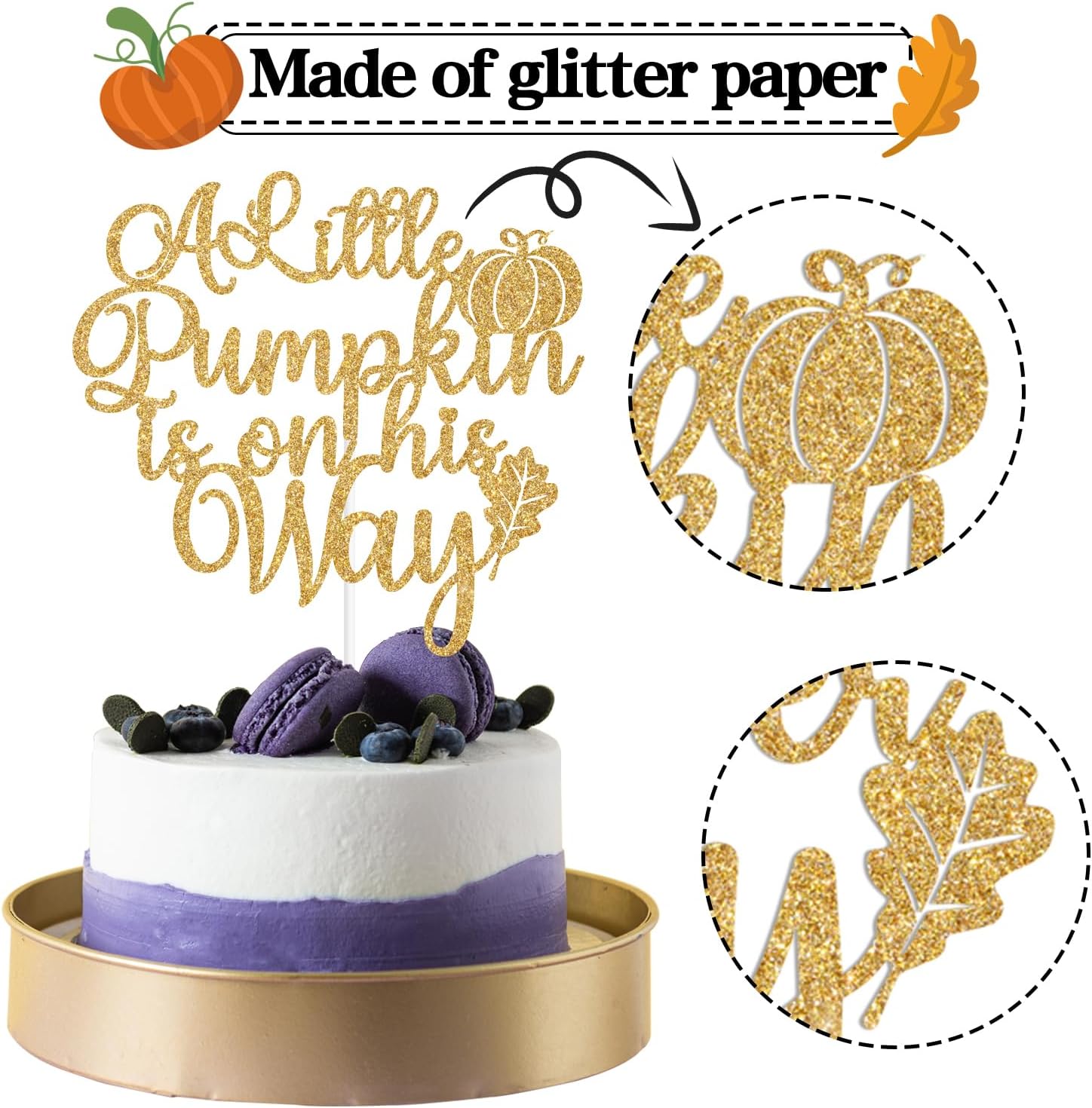 Decoración para tartas con purpurina dorada “A Little Pumpkin is on His Way”, calabaza Oh BoyA Little Pumpkin is on the Way, decoración de fiesta de