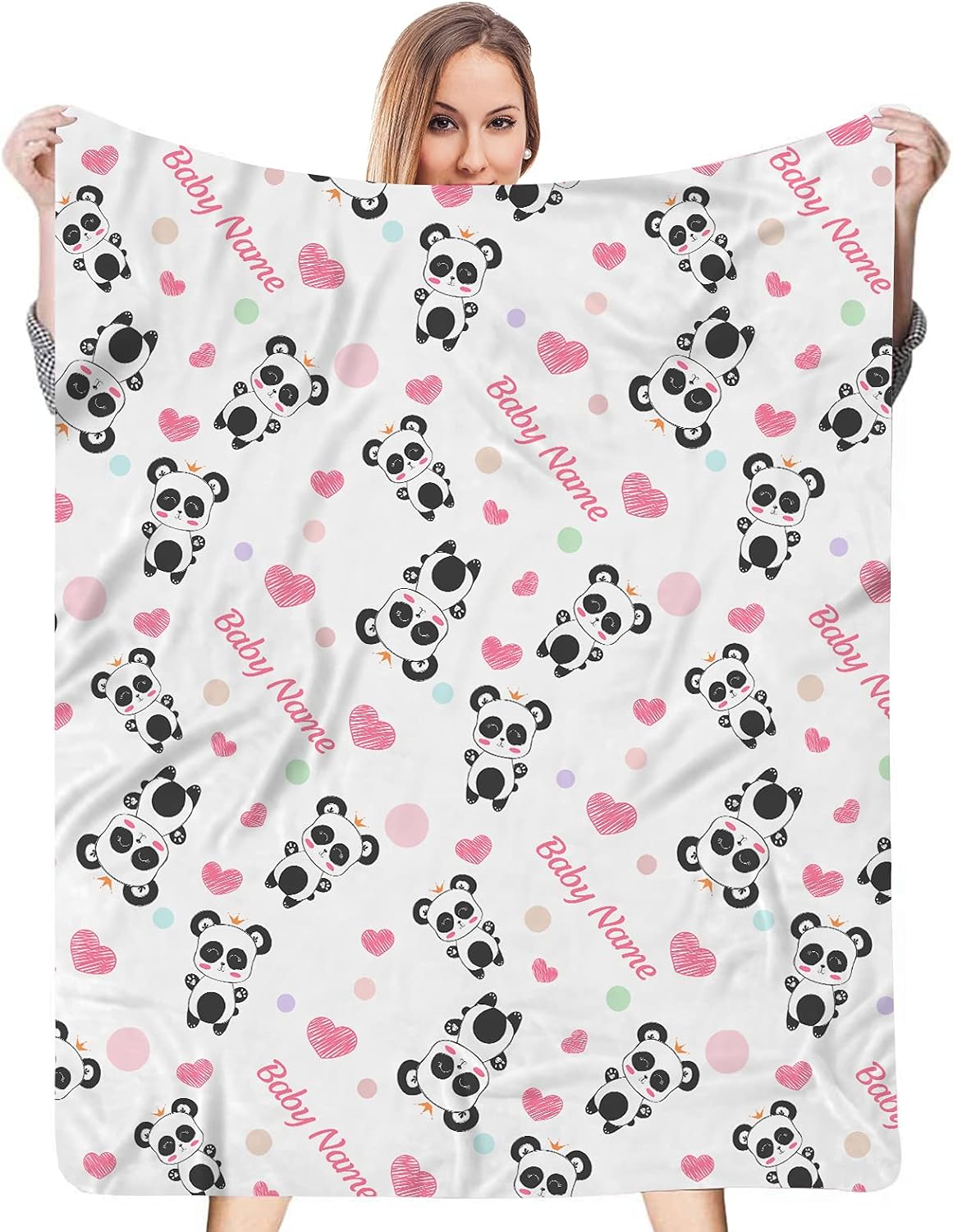 Manta de bebé personalizada con estampado de panda lindo con nombre, patrones de corazones de panda personalizados para bebés, regalos de cumpleaños