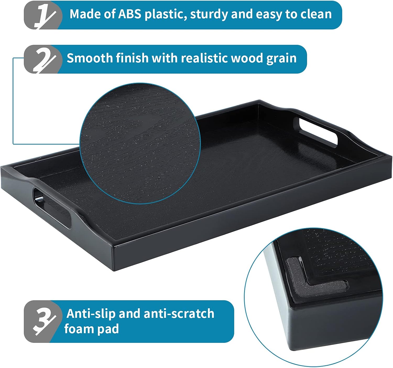 Juego de 3 bandejas de plástico para servir, bandeja otomana con asas recortadas, bandeja rectangular para mayordomo para desayuno en la cama, mesa
