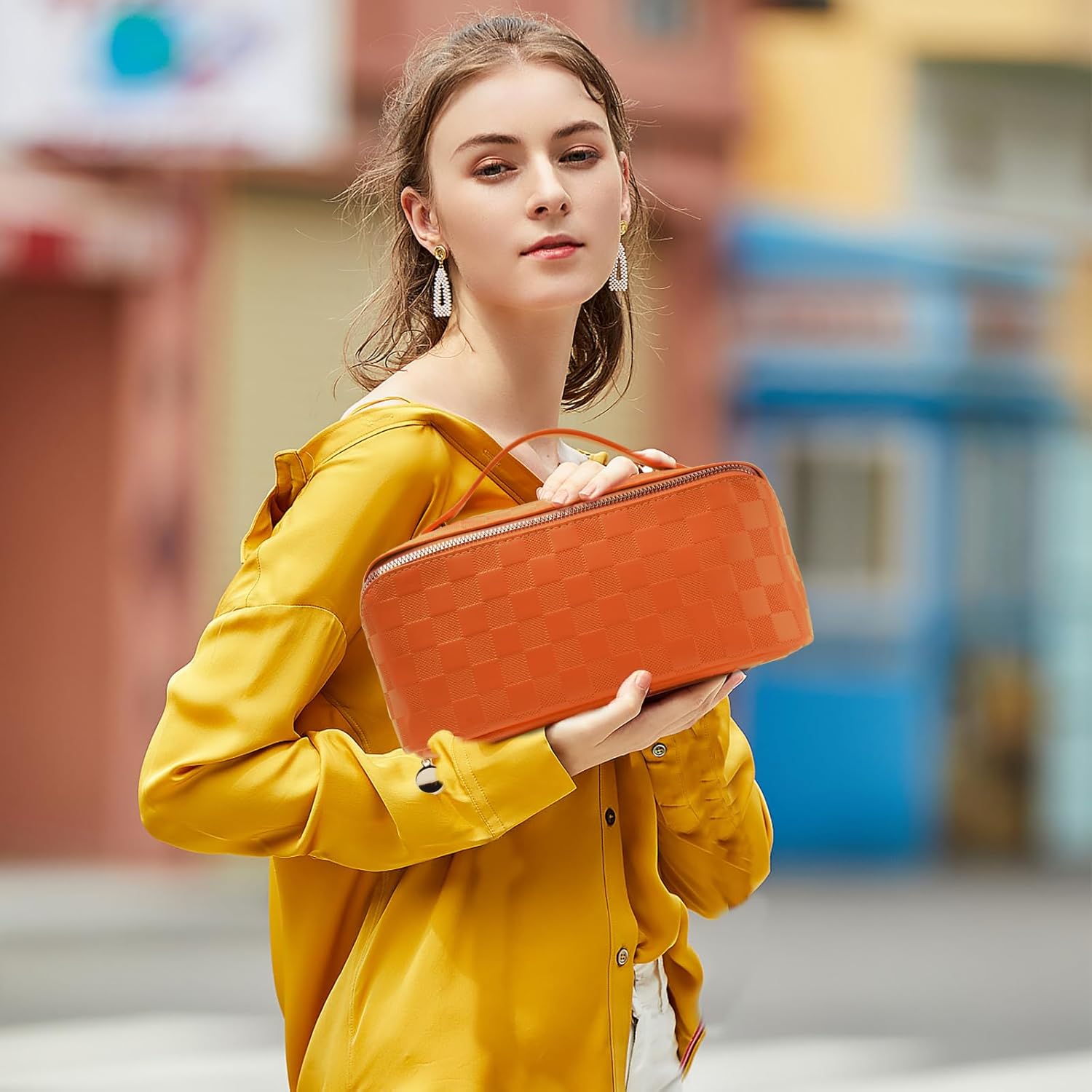 GUZINC Bolsa de maquillaje de viaje para mujer, Naranja, Vida cotidiana