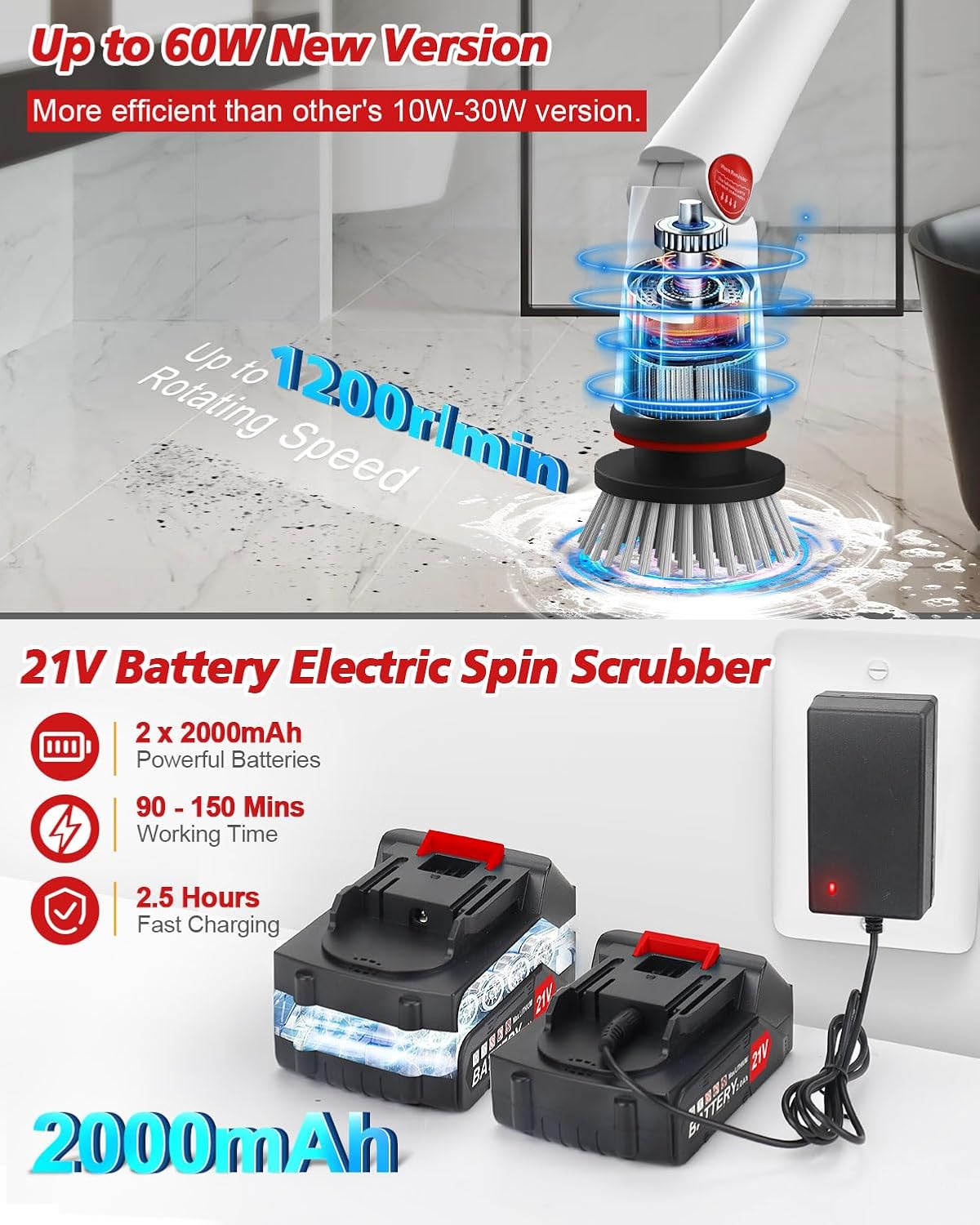 1200 RPM Electric Spin Scrubber, 21V Spin Scrubber for Cleaning, 50inch Extendable Handle Spinning Cleaning Brush, Cordless Power Spin Scrubber,8