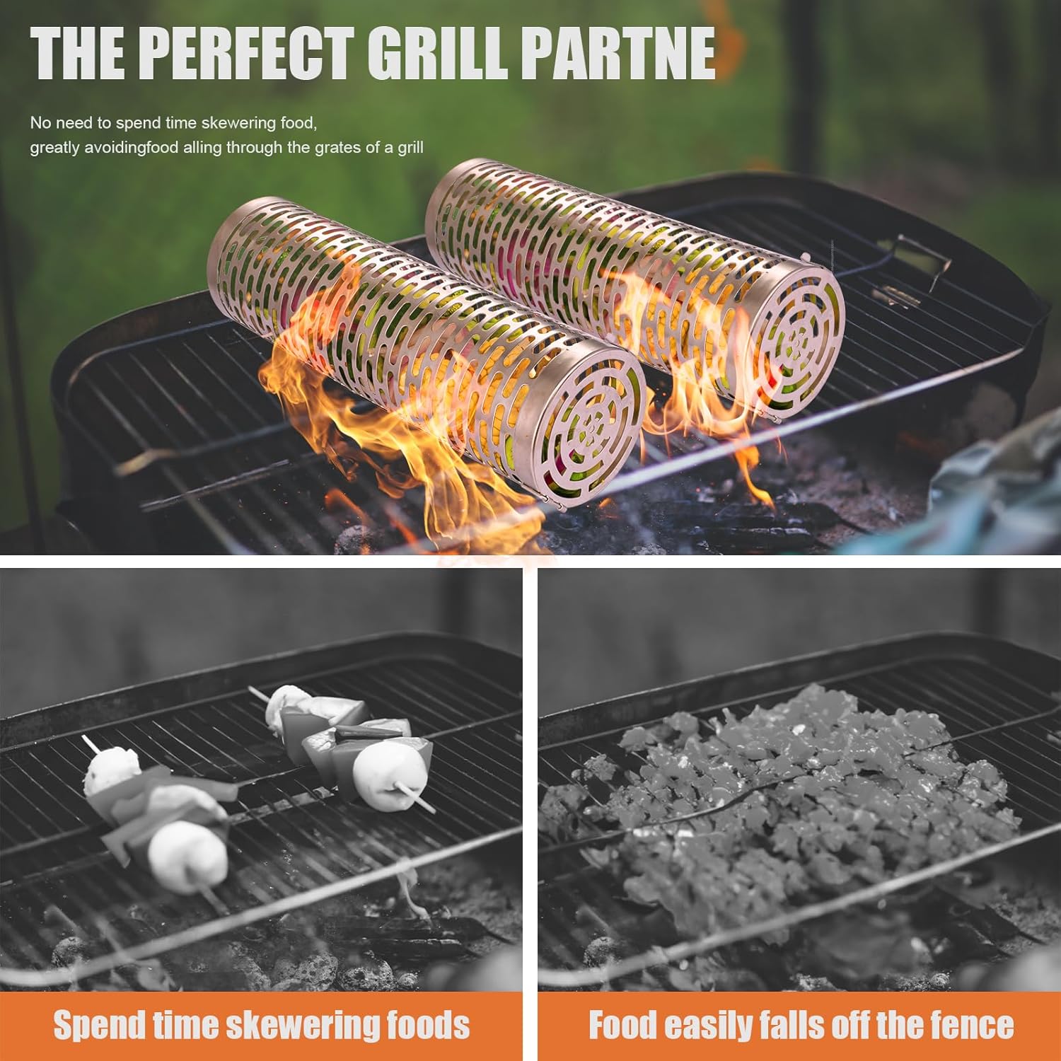Grill Basket 2 PCS, Rolling Grill Baskets for Outdoor Grill BBQ Grill Basket, Round Stainless Steel Grill Mesh Barbeque Grill Accessories, Camping