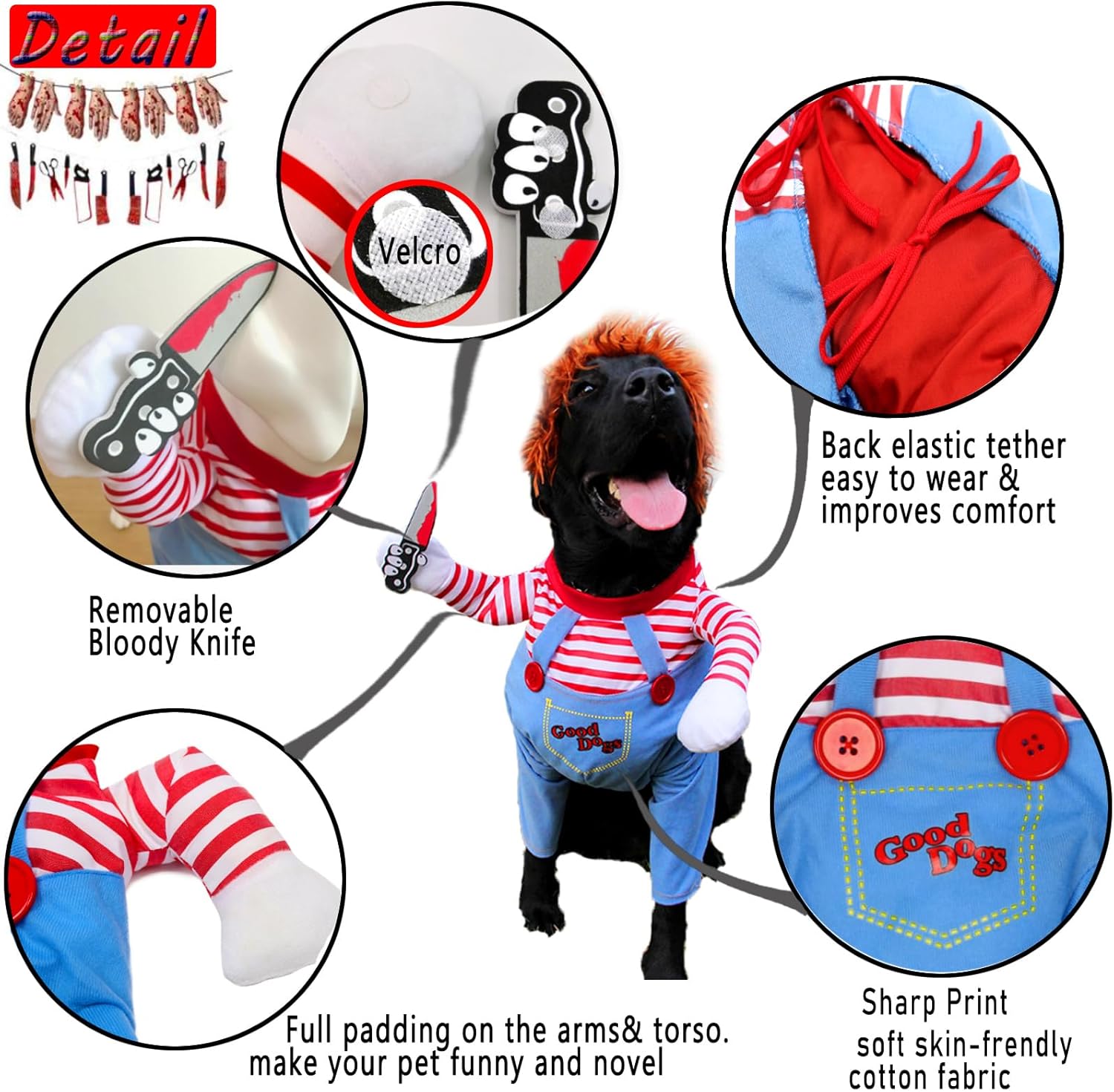 Disfraz de perro de muñeca mortal para mascotas, divertidos disfraces de Halloween de Chucky, ropa de perro linda, disfraz de fiesta de cosplay para