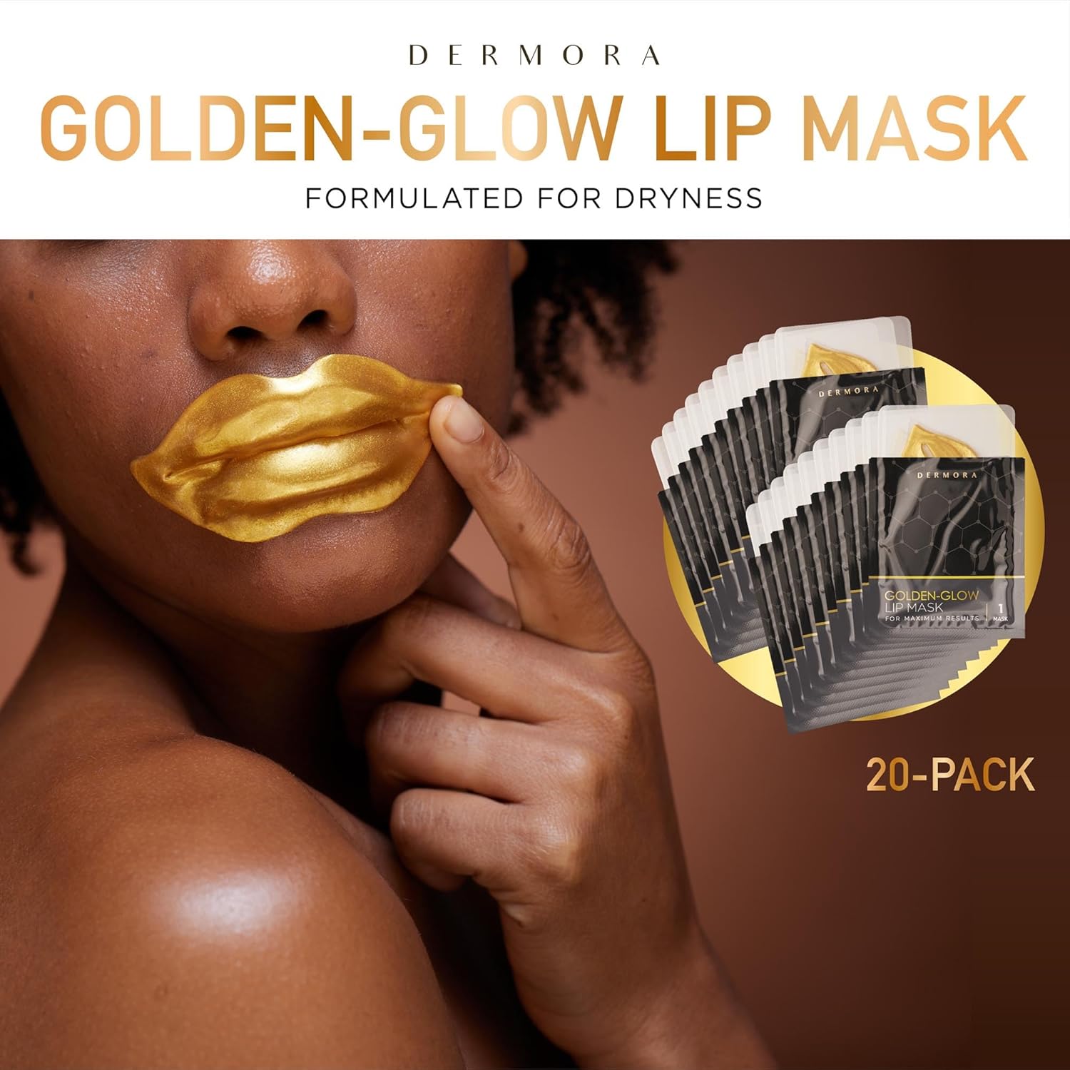 DERMORA Máscara de tratamiento de la piel, máscara de labios Golden Glow  Paquete de 20 máscaras de gel para labios  Máscaras de labios