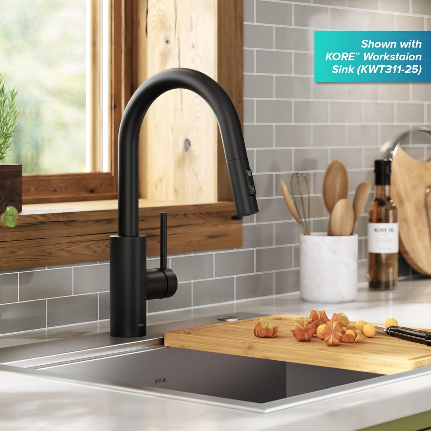 KRAUS Oletto – Grifo de cocina monomando extraíble con instalación de montaje superior QuickDock, en negro mate, KPF-2620MB