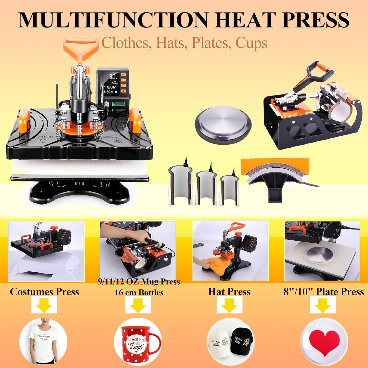 Máquina de prensa de calor para camisetas de 12 x 15, prensa de calor 8 en 1, máquina de sublimación de 850 W, prensa de calor de placa giratoria de