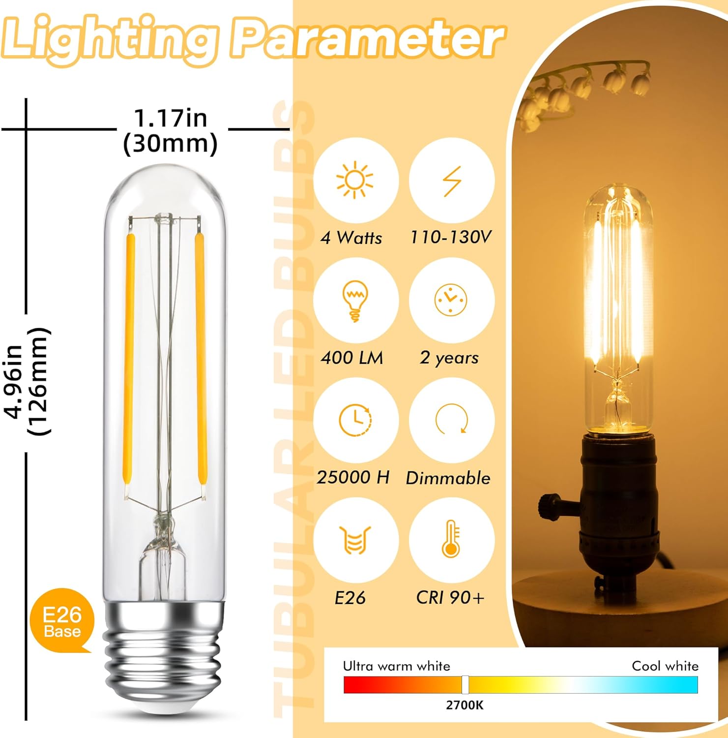 Bombillas tubulares LED E26 regulables de 40 vatios, 4.96 pulgadas T10 T30 4W 400 lúmenes, bombillas de filamento blanco cálido de 2700 K para