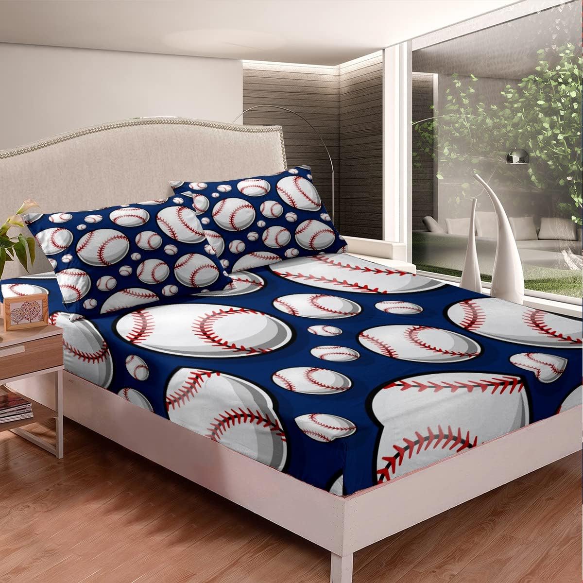 Juego de ropa de cama de béisbol con temática deportiva, sábana bajera ajustable para niños, niñas, adolescentes, 3D, patrón de bola azul, juego de