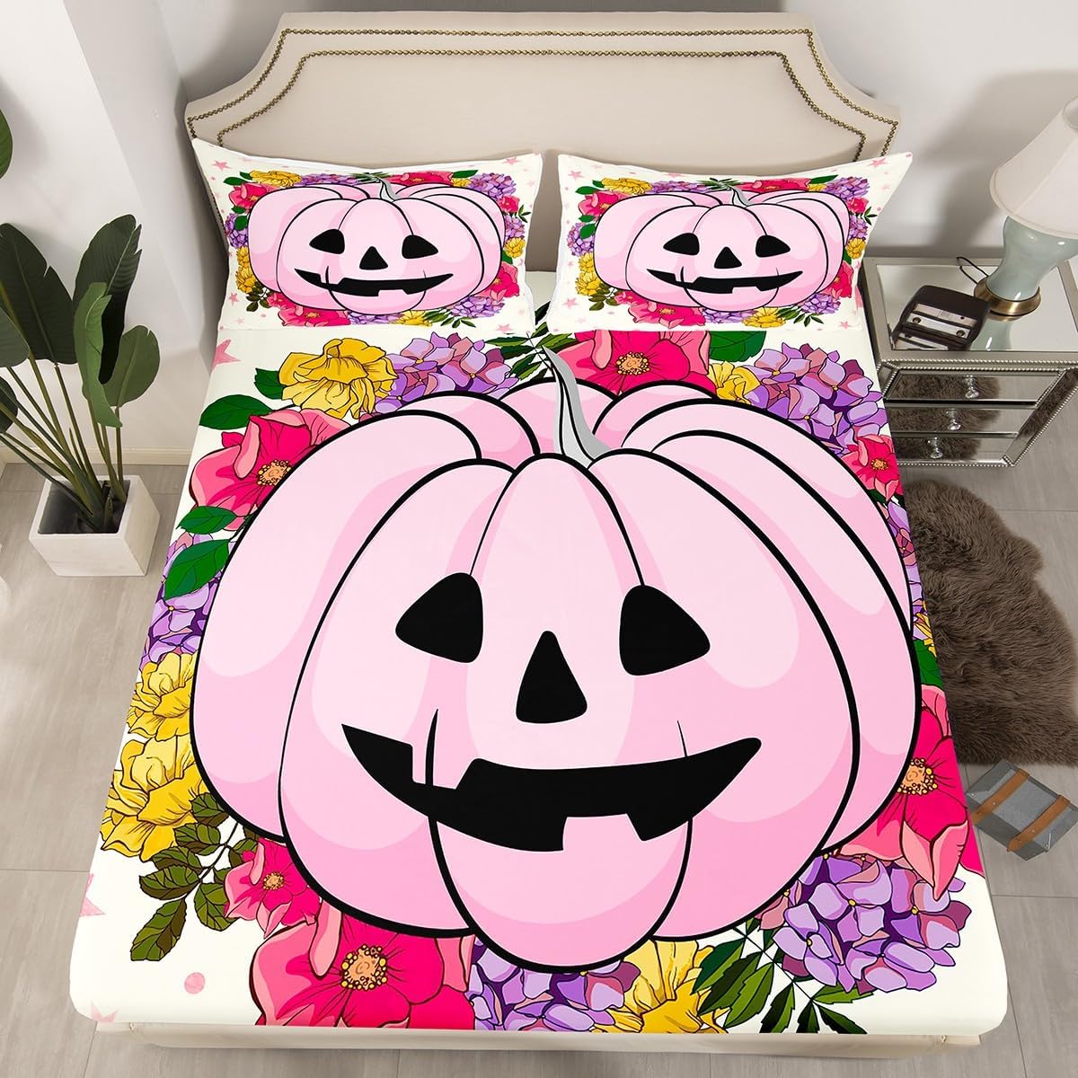 jejeloiu Juego de sábanas de Halloween rosa tamaño matrimonial, sábana bajera ajustable con farol de calabaza para niños y niñas, juego de ropa de