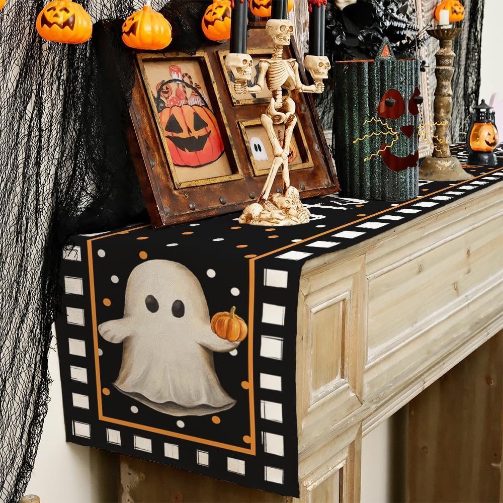 ARKENY Camino de mesa de Halloween de 13 x 60 pulgadas, calabaza, fantasma, arpillera estacional, lunares, granja, interior, cocina, comedor,