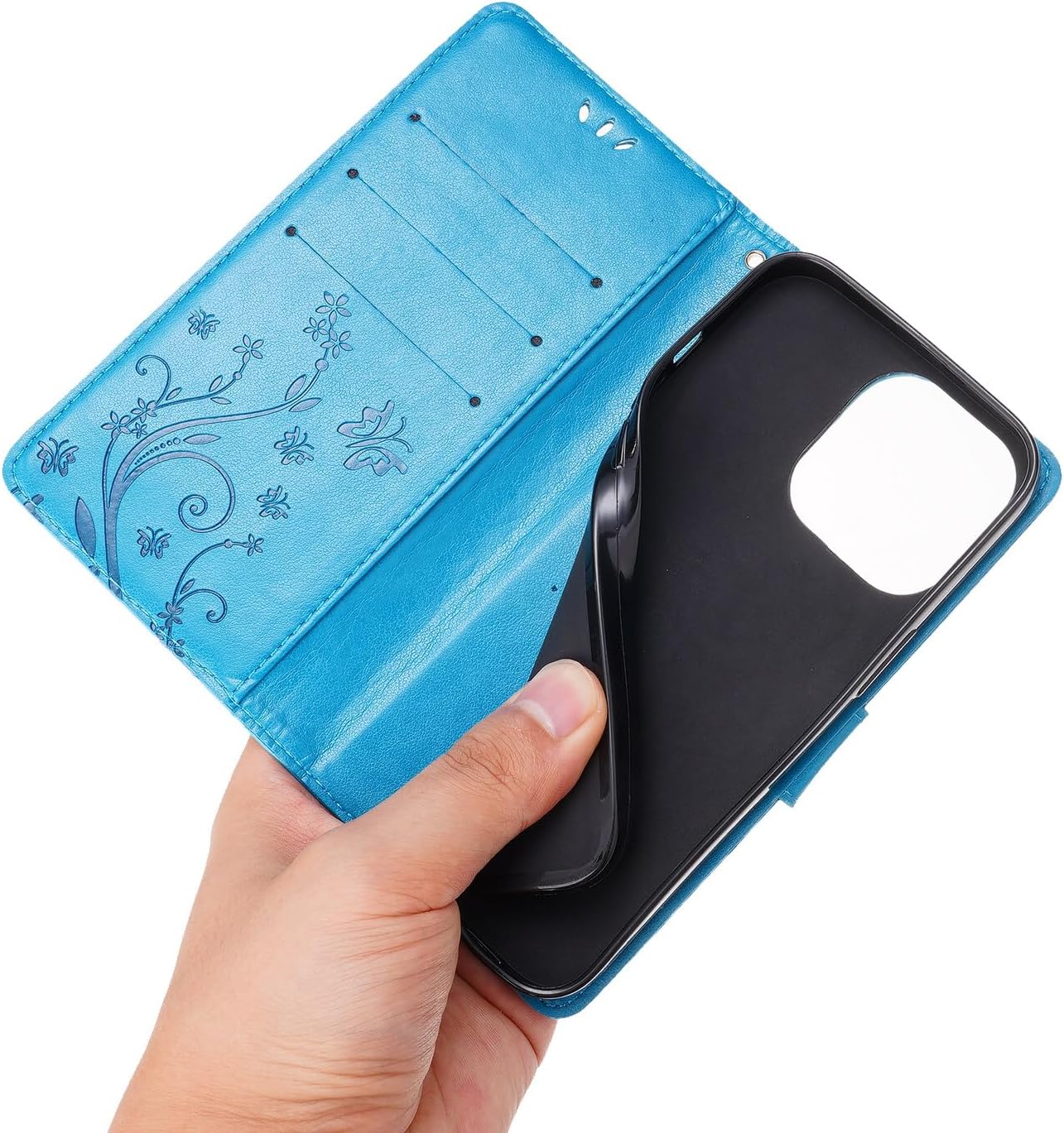 Funda tipo cartera compatible con iPhone 15, de piel sintética, diseño floral de mariposas, funda de silicona con soporte para tarjetas, función