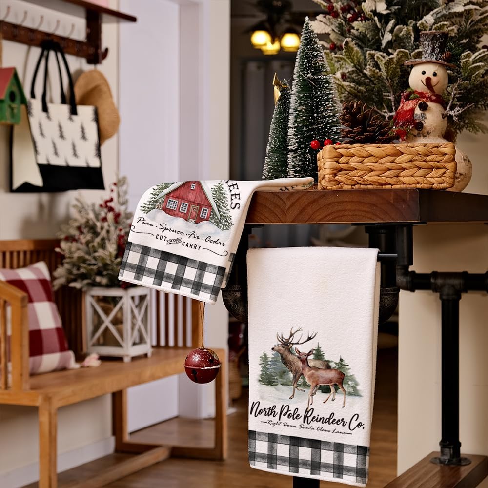 ARKENY AD092 – Juego de 2 paños de cocina de Navidad, diseño de árbol de renos de búfalo negro, 18 x 26 pulgadas, decoración del hogar de granja