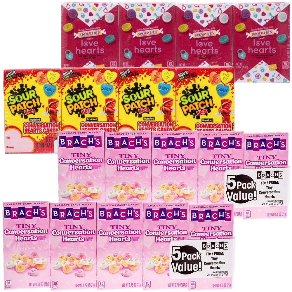 Paquete de dulces variados para el día de San Valentín  4 corazones de amor Smarties  4 caramelos de conversación de parche agrio  10 pequeños