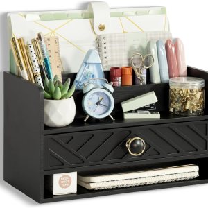 Organizador de escritorio de madera negra y accesorios con cajón, organizador de correo de facturas y soporte de correo para suministros de oficina, Organizador de escritorio de madera negra y accesorios con cajón, organizador de correo de facturas y soporte de correo para suministros de oficina,