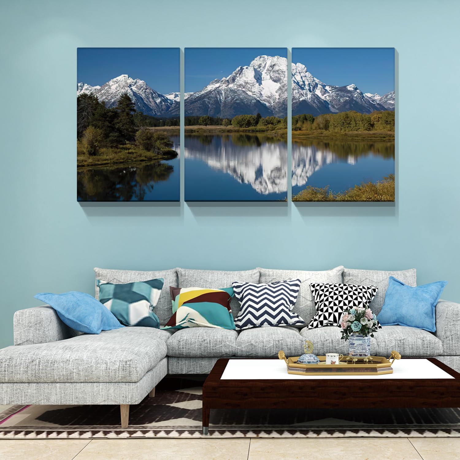 YONICA Lienzo decorativo de 3 paneles para pared, diseño de lago y árboles, color azul brillante, reflejo de montañas, pinturas sobre lienzo para