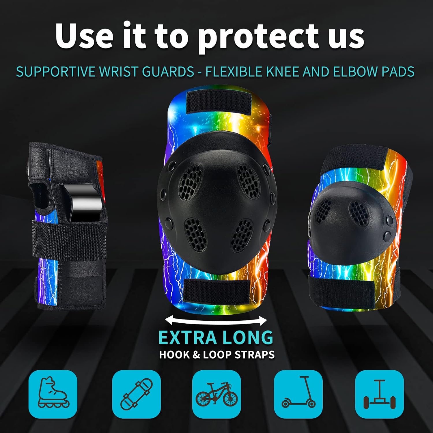 JeeFree Skateboard Pads KidsYouthAdult Shield Elbow Pads and Wrist Guards Protective Gear,Strong Double Straps&Adjustable Easy-Fix Clips for