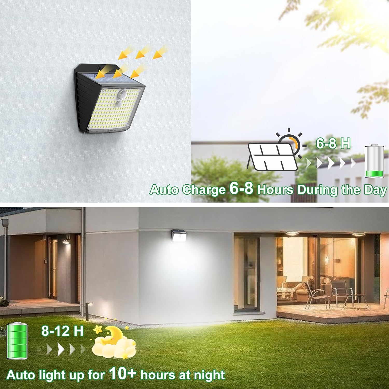 Luces solares con sensor de movimiento para exteriores, 2 unidades158 LED3 modos, luces de valla superbrillantes con impermeabilidad IP65, luces de
