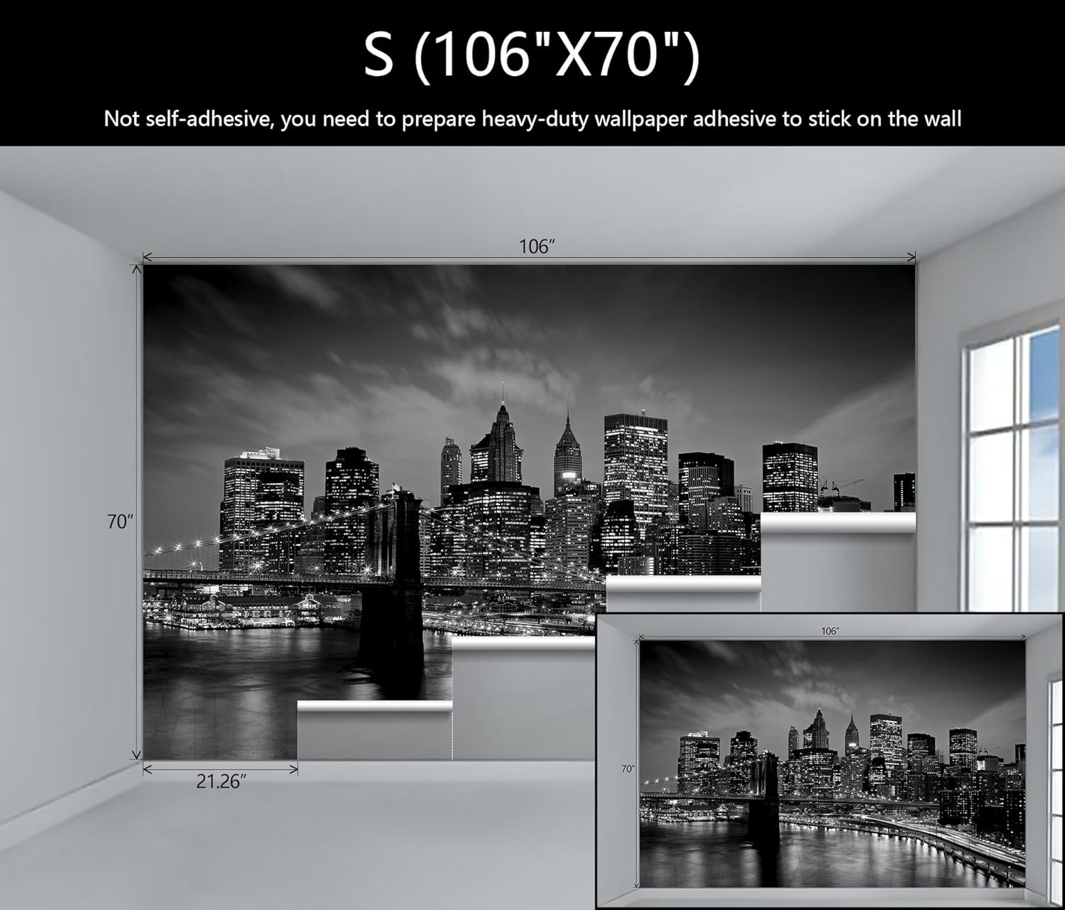 Mural de pared del puente de Brooklyn, papel tapiz fotográfico de paisaje negro de la ciudad de Nueva York para sala de estar y dormitorio (no se