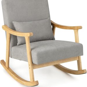 Giantex Mecedora para guardería, silla de interior con reposabrazos de madera de goma, respaldo ancho y cojín de asiento acolchado, almohada lumbar Giantex Mecedora para guardería, silla de interior con reposabrazos de madera de goma, respaldo ancho y cojín de asiento acolchado, almohada lumbar