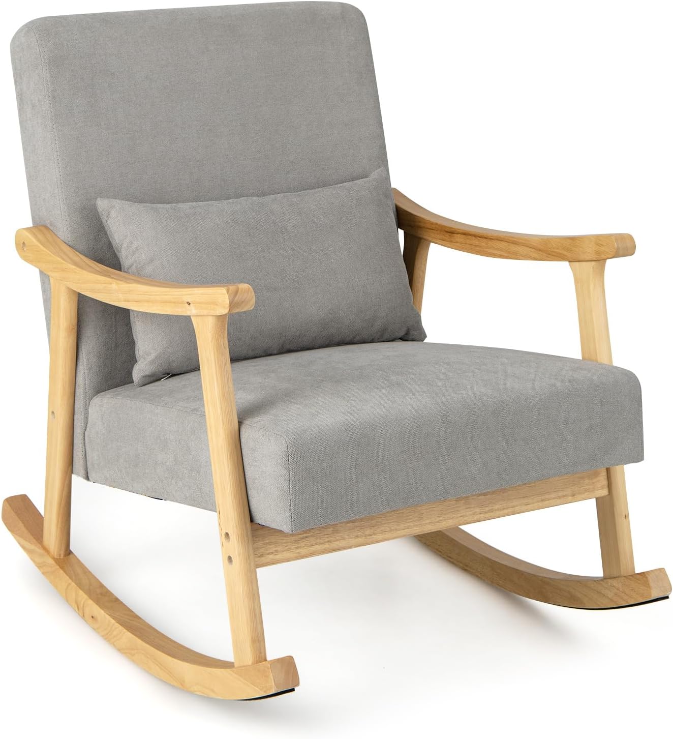 Giantex Mecedora para guardería, silla de interior con reposabrazos de madera de goma, respaldo ancho y cojín de asiento acolchado, almohada lumbar