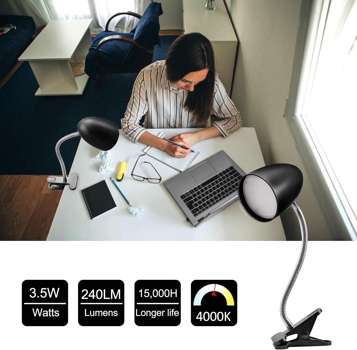ENERGETIC SMARTER LIGHTING Luz de clip para cama, luz de lectura con clip no regulable para cama, 4000 K blanco frío, lámpara de escritorio de 3.5 W