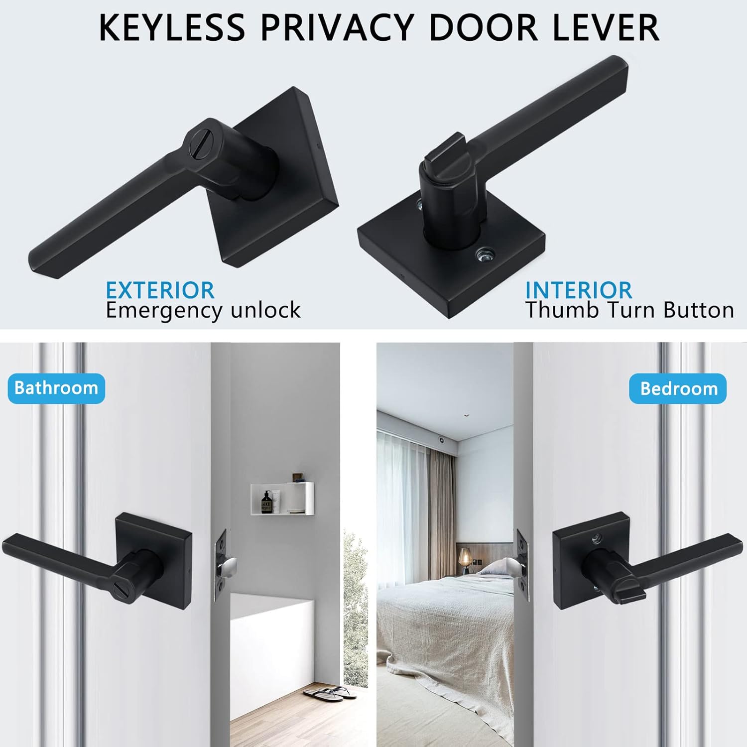 X-1601-BK-4P – Manija de puerta de baño, manija de puerta de privacidad sin llave, acabado negro mate, apertura a la izquierda y a la derecha