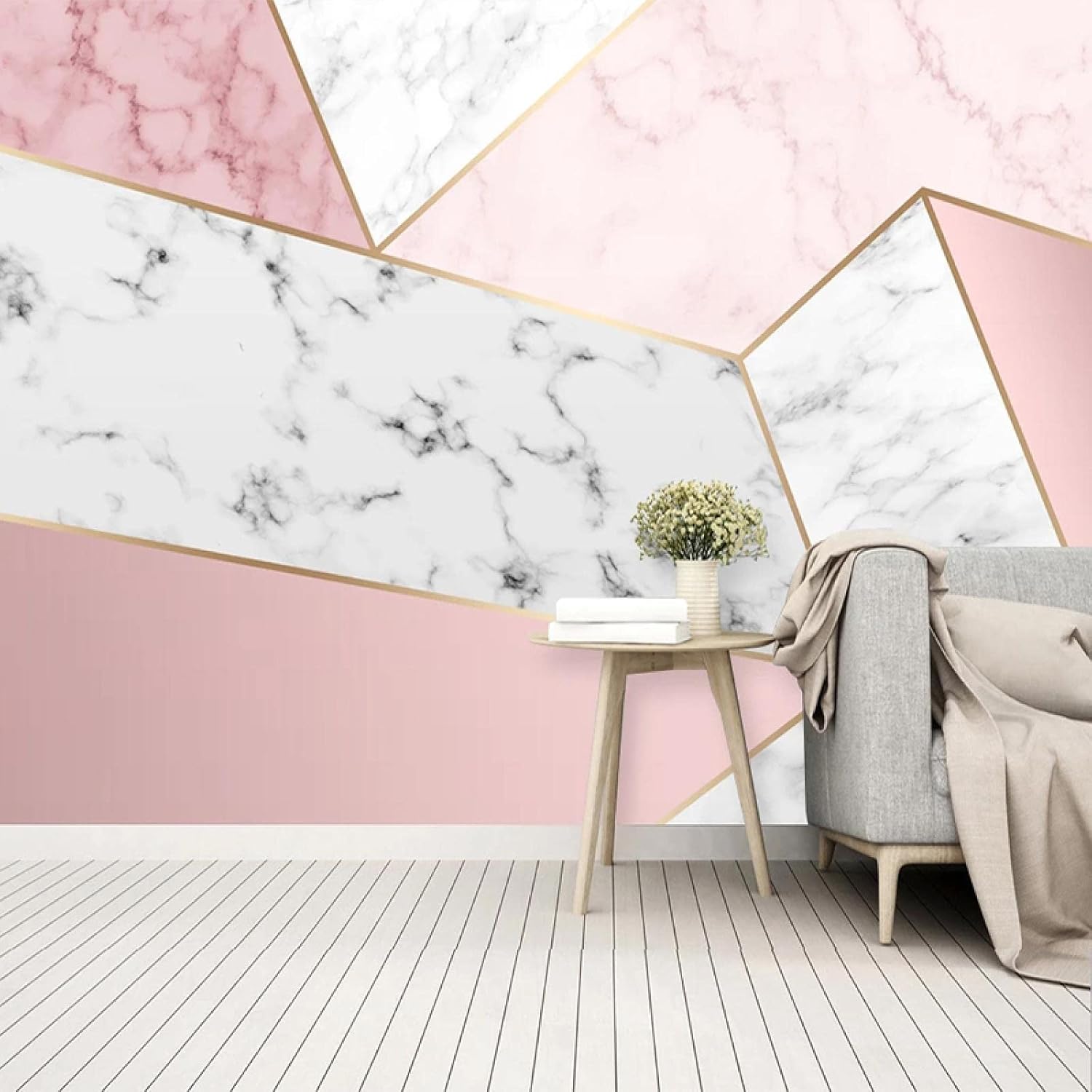 Papel tapiz moderno de mármol 3D de grietas rosas y blancas, cuadros geométricos de rayas doradas, papel tapiz artístico de pintura de pared para